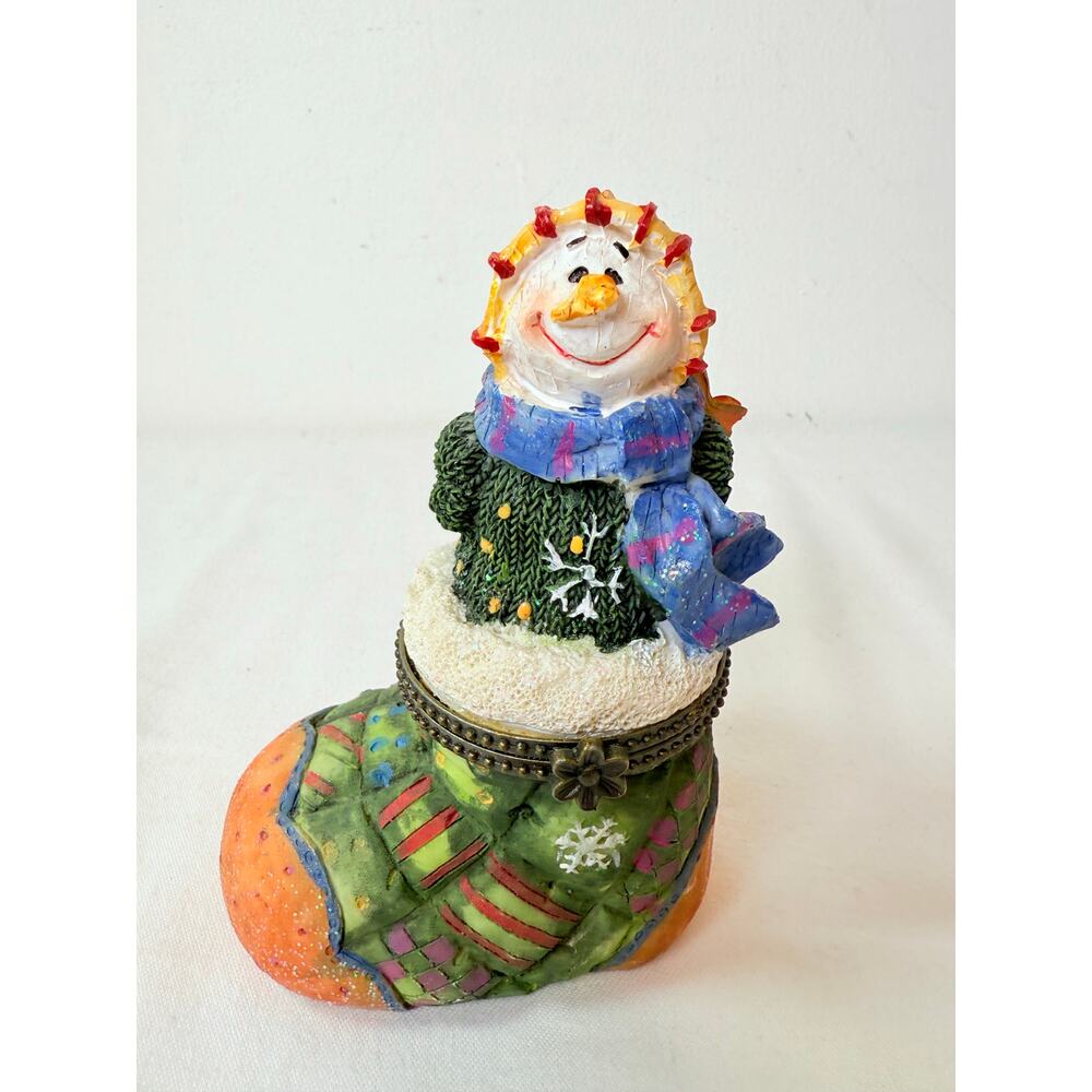 Green Whimsical Patchwork Glittery Holiday Resin Snowman Trinket Box